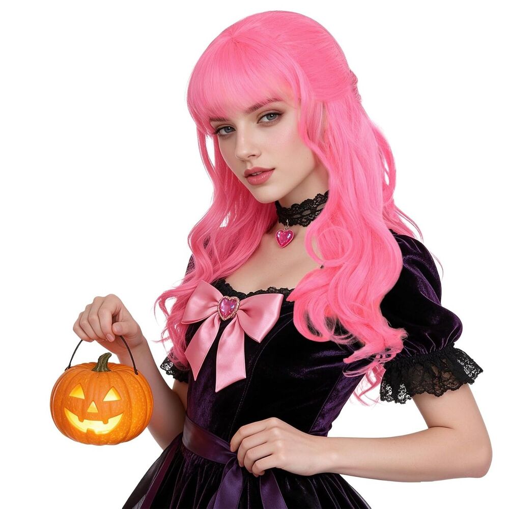 NEW Pink Long Wavy Curly Princess Wig Bangs Half-Up Ponytail Halloween Cosplay